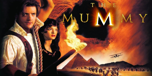 Capa do filme 'A Múmia' (1999), estrelado por Brendan Fraser e Rachel Weisz, retratando uma aventura arqueológica que envolve mistério, ação e um vilão múmia ressuscitado.