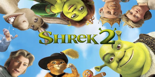 Capa do filme 'Shrek 2' (2004), com as estrelas Mike Myers e Eddie Murphy, onde o ogro Shrek enfrenta o pai da princesa Fiona e vive novas aventuras em busca da aceitação.